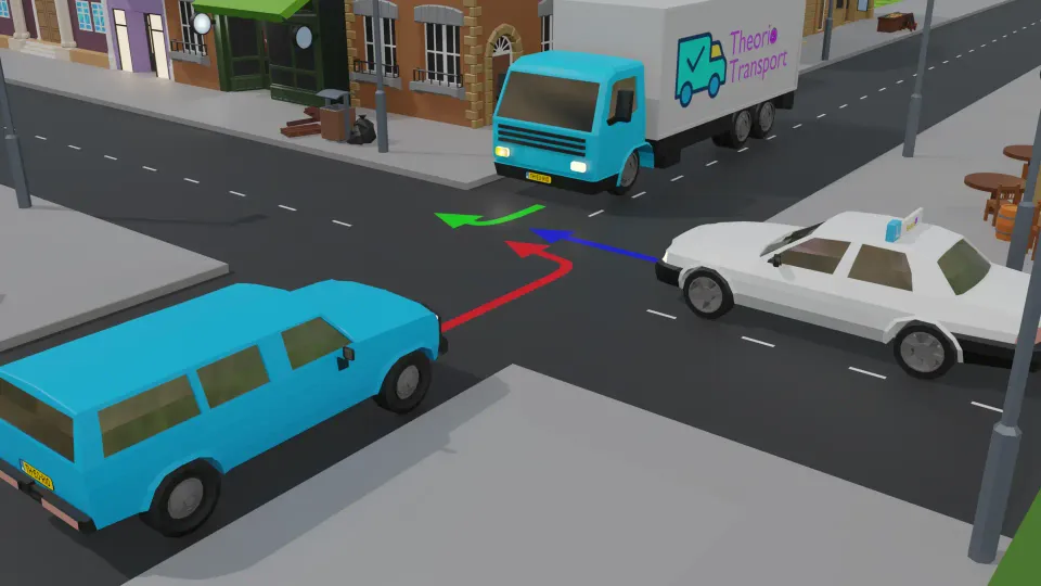 Three drivers at the same time at an equal junction: a blue car, the learner car and a lorry