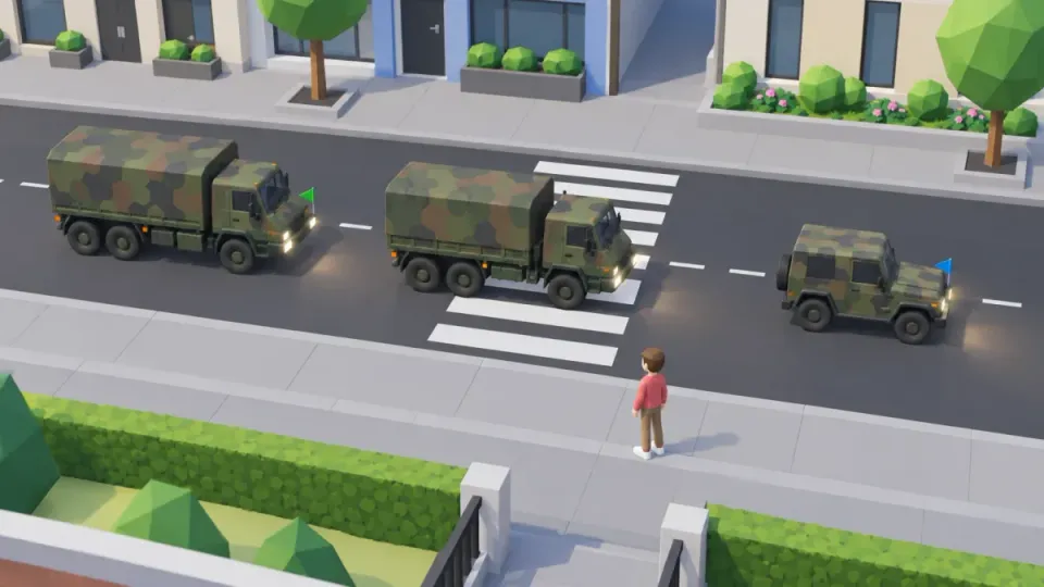 The convoy is already driving over the zebra crossing. The pedestrian waits and does not cross between the vehicles.