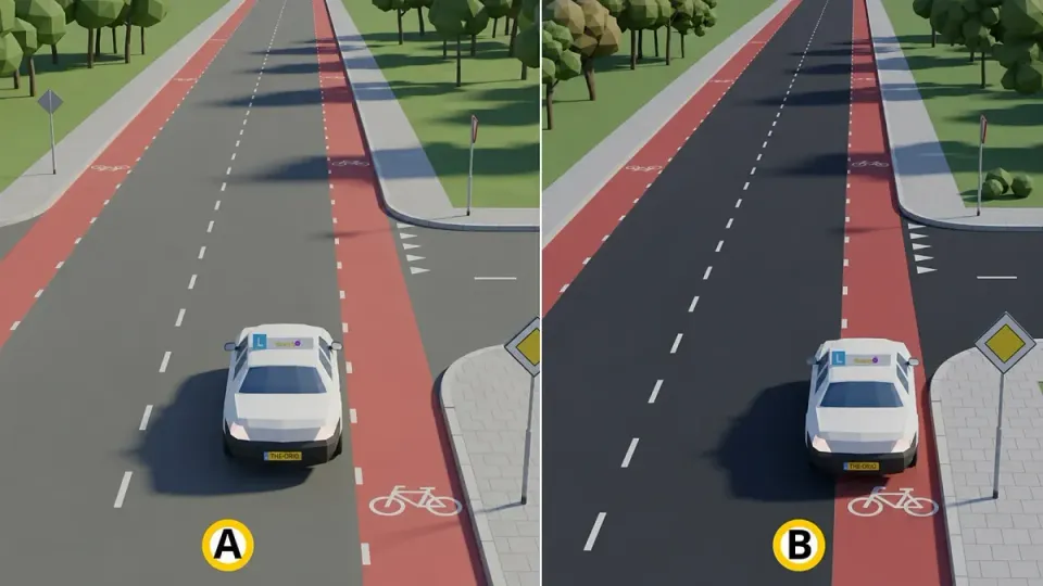 A cycle lane with a broken line. You may drive onto it (B), but you do not have to (A).