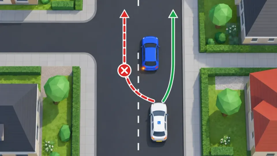 The blue car has moved left and signals left. Passing it on the left is not allowed (red), passing on the right is (green).