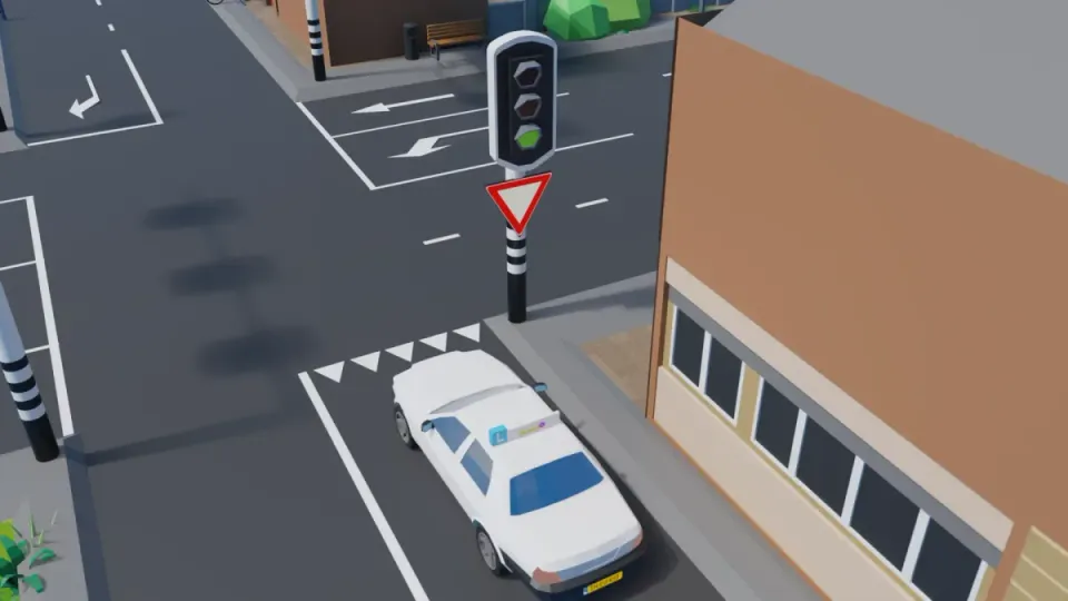 Junction with a green traffic light, shark teeth and sign B6 for the learner car