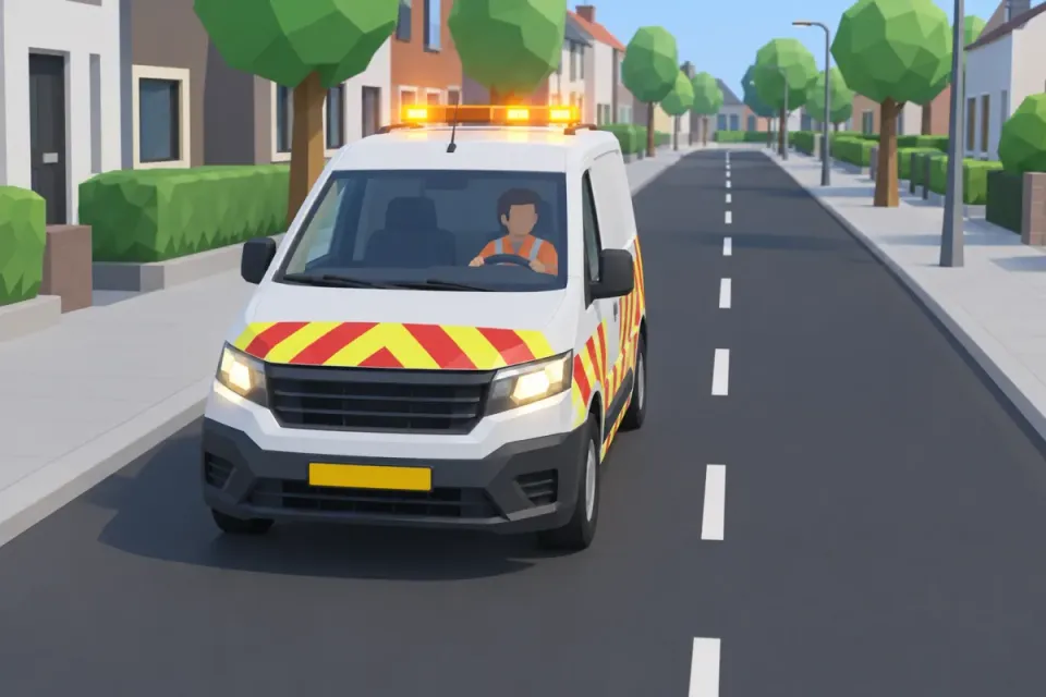Road authority van with an orange flashing light