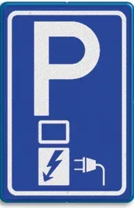Sign E8c: blue parking sign with a P, a charging point and a plug