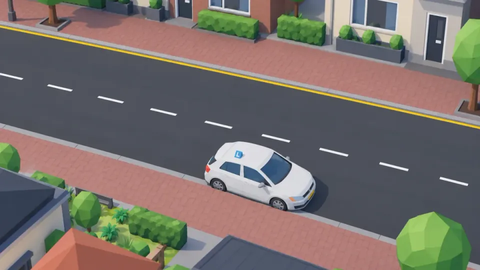Yellow line only along the opposite side; the learner car is parked on the side without a yellow line