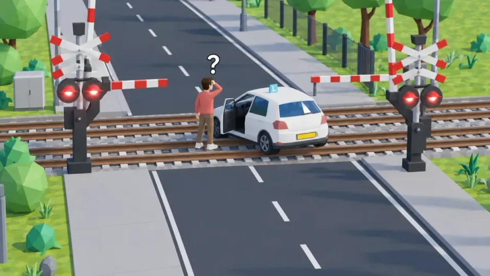 The learner car has stalled on the track. The driver has got out and is unsure what to do; the red lights are flashing.