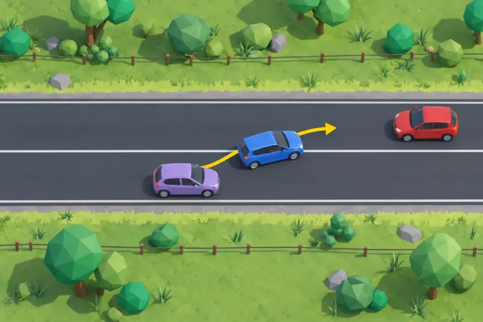 Top view: a blue car overtakes a lilac car across a solid centre line while a red car comes the other way