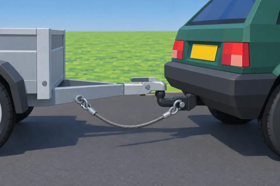 A secondary coupling keeps a trailer that comes loose attached to the car. It is not the same as the thin cable of a breakaway brake.