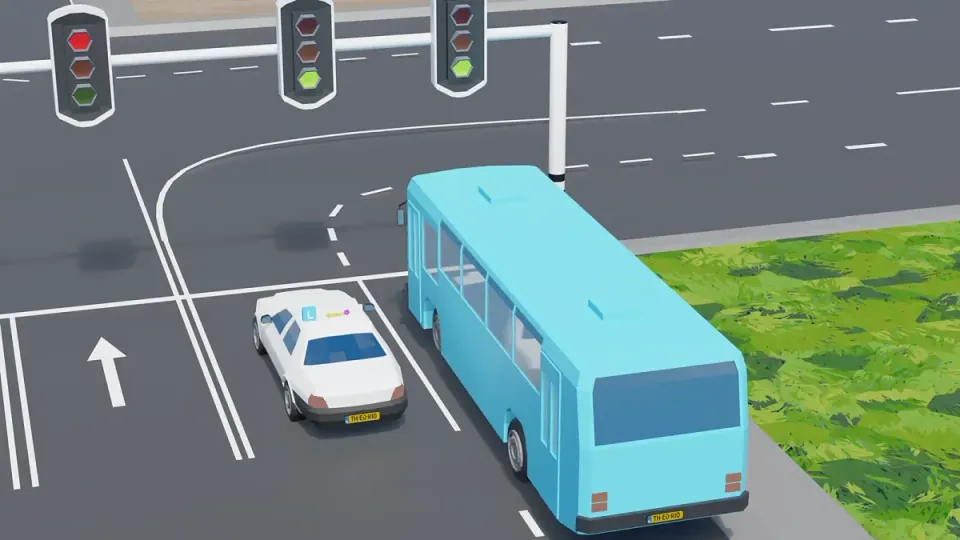The bus needs room beside it to make the turn. Stay behind it, not next to it.