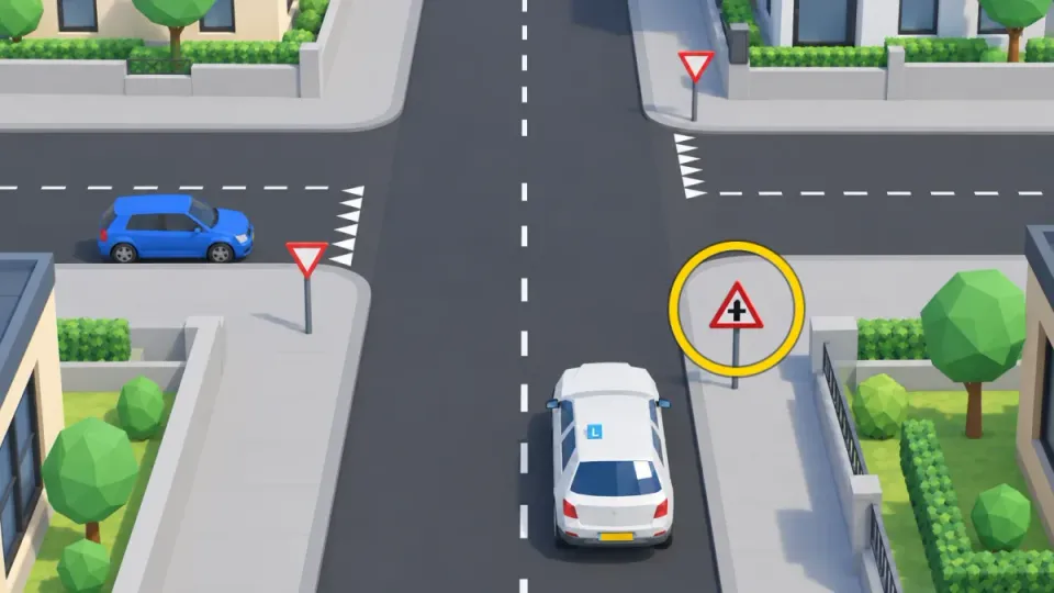 Priority junction: the learner car is on the road with sign B3 (circled) and goes first. The blue car in the side road has shark's teeth and sign B6 and waits.