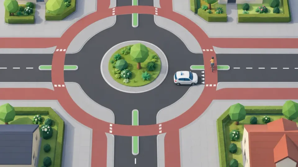 Learner car leaving the roundabout waits at shark teeth before the cycle path; the cyclist crosses