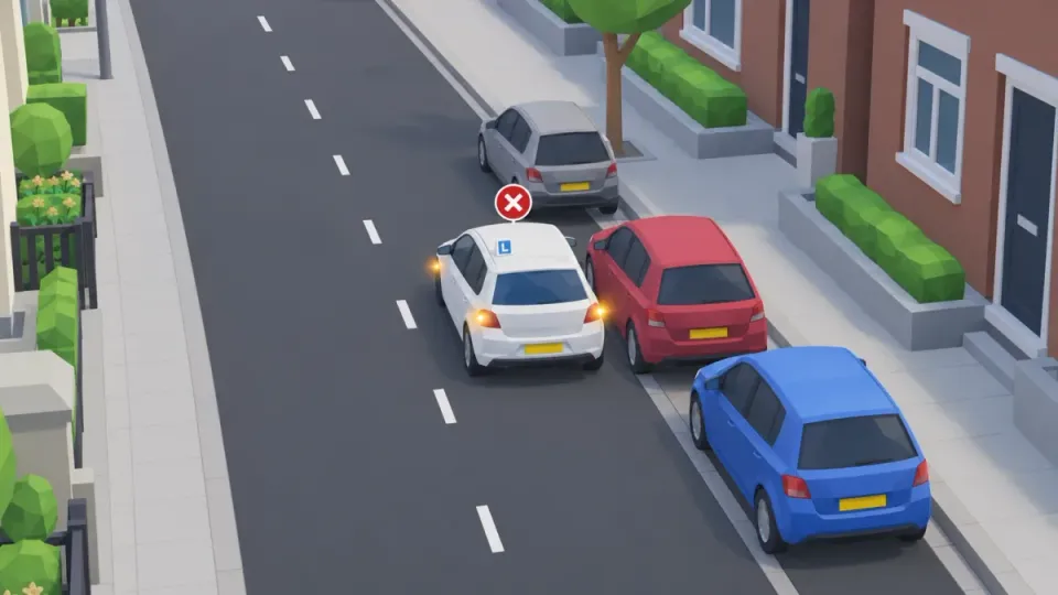 Learner car double parked next to a parked car