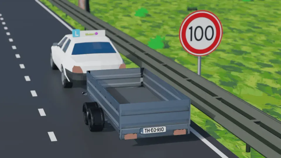 The sign permits 100, but this trailer limits the car to 90 km/h. The lowest applicable limit applies.
