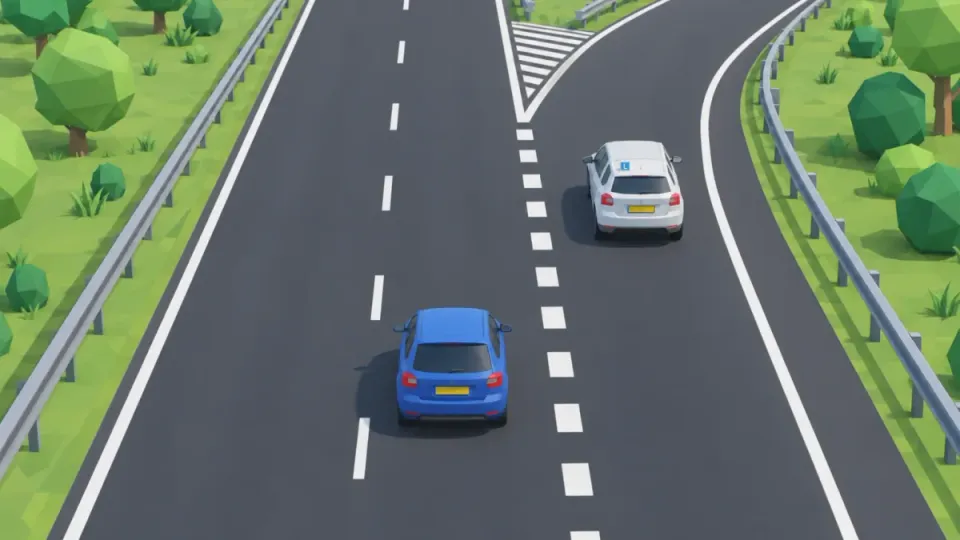 Block markings between the right-hand lane and the exit lane that bends off to the right
