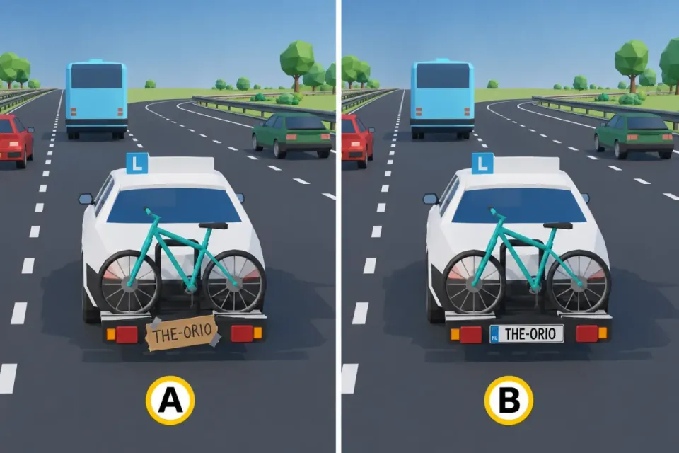 A is een zelfgemaakt bordje van karton met plakband en mag niet. B is een officiële witte kentekenplaat met hetzelfde kenteken als de auto.