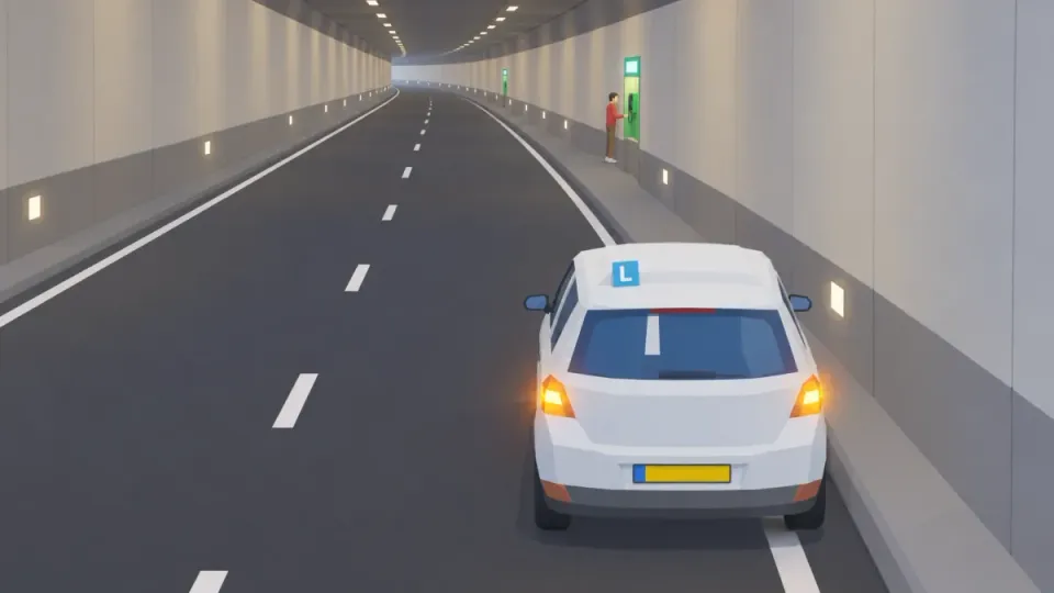 Right: the car is against the tunnel wall and the person stands about 50 metres further on, at the emergency post.