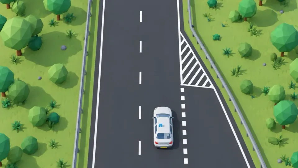 Top view: the acceleration lane ends in a triangle of hatched road markings next to the lane of the learner car