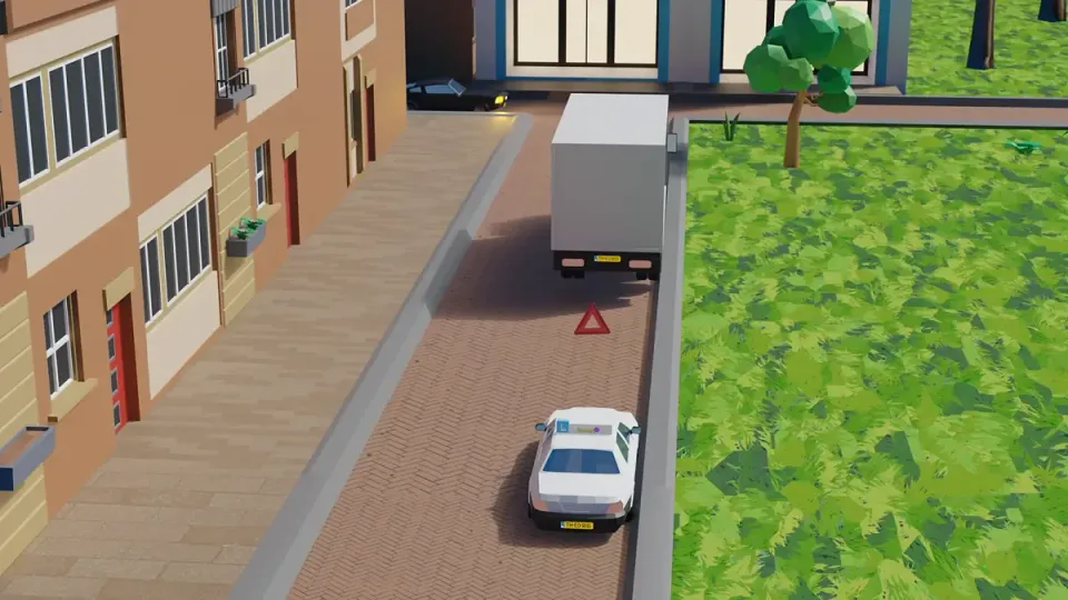 The lorry is standing still. Before you drive past, check oncoming traffic, pedestrians and the space you have.
