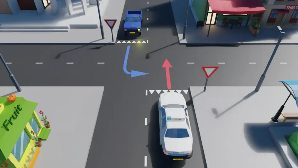 The learner car and a blue oncoming car both have shark teeth; the learner car goes straight on and the blue car turns