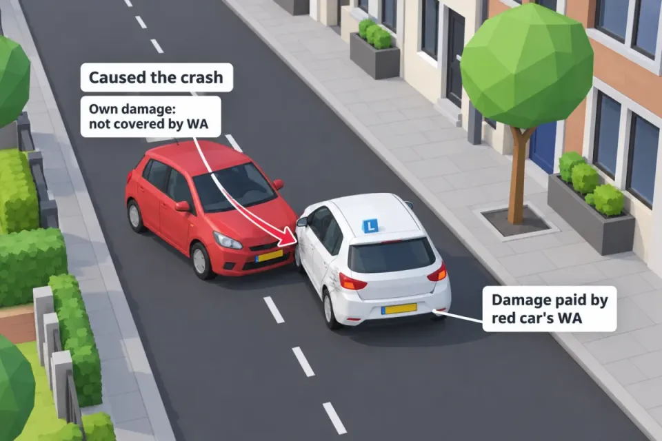 The red car causes the crash. Its WA insurance pays for the damage to the white car, not its own damage.