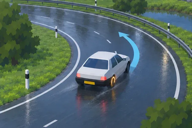 In the wet bend ESP brakes one wheel separately. This helps keep the car on course.