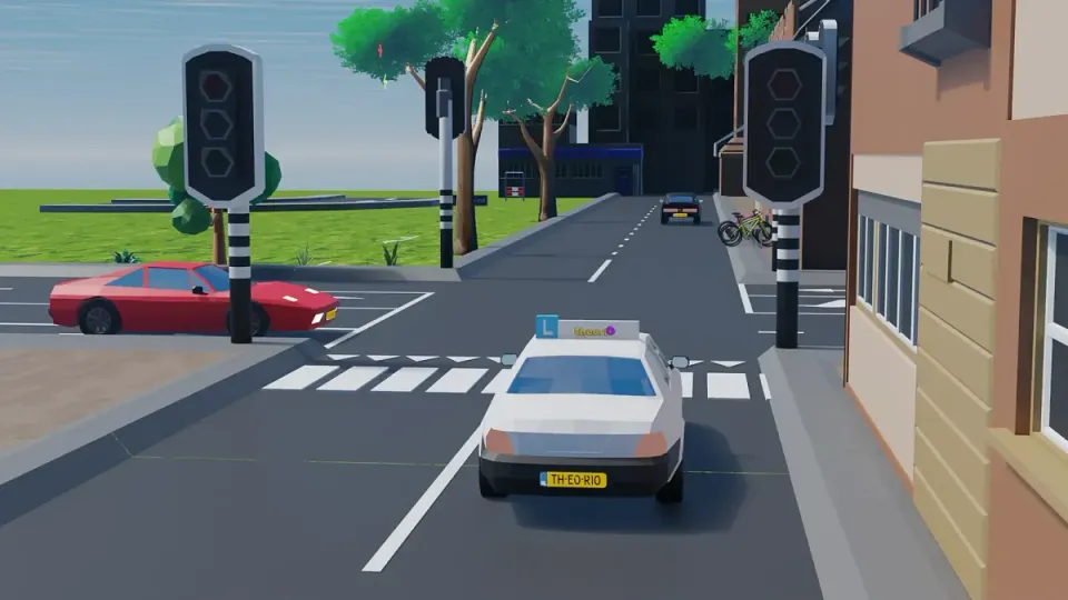 Lights off: the give-way markings now require the learner car to let the red car go first.