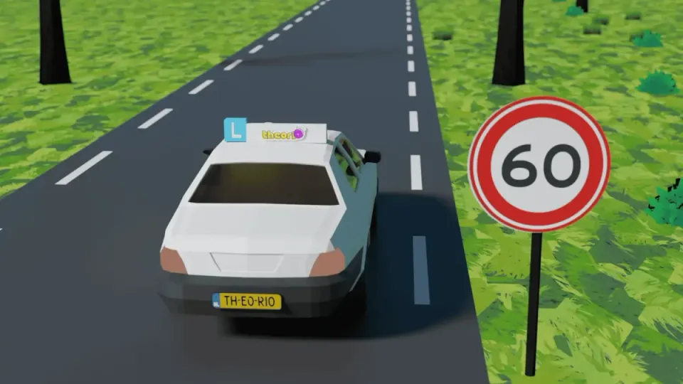Learner car at a round 60 sign on a narrow road outside a built-up area