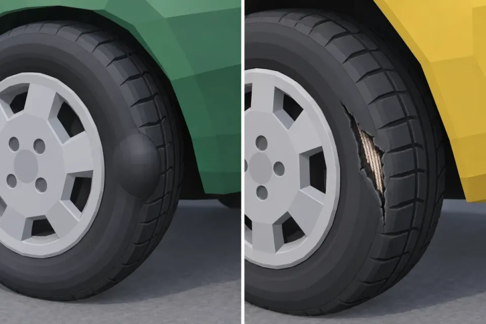 A bulge in the sidewall or visible cords in the tyre is damage. Enough tread does not make this safe.