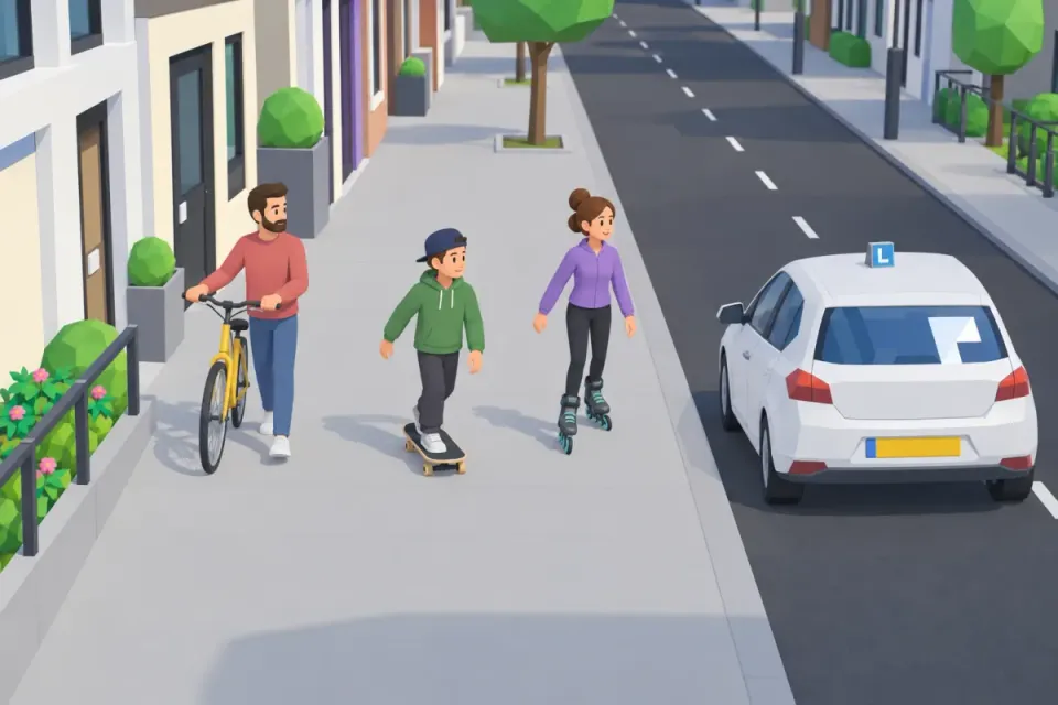 Walking a bike, skateboarding or inline skating: these people on the pavement all follow the pedestrian rules.