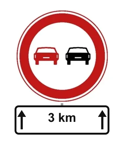 Inhaalverbod F1 met onderbord: pijl omhoog, 3 km, pijl omhoog