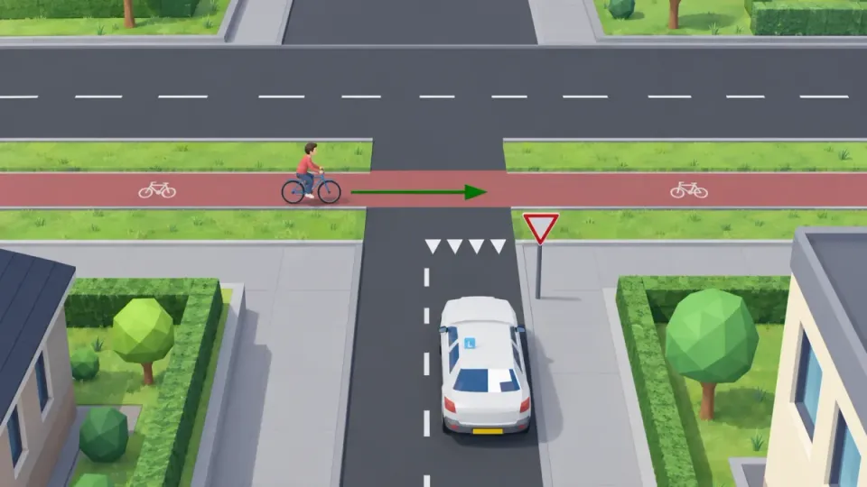The learner car has shark's teeth and sign B6 before the cycle path along the priority road. The cyclist on the cycle path goes first; the learner car waits.