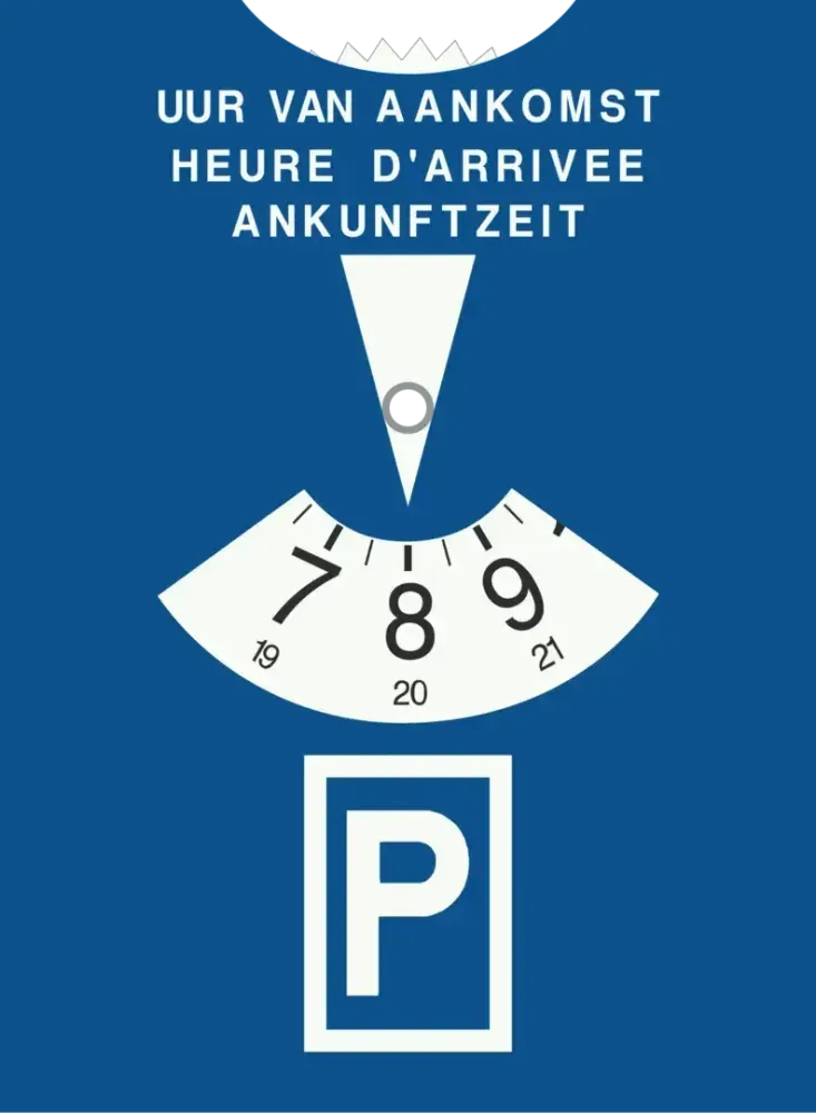 Blue parking disc with the words time of arrival, a white pointer, a dial with hours and a white P