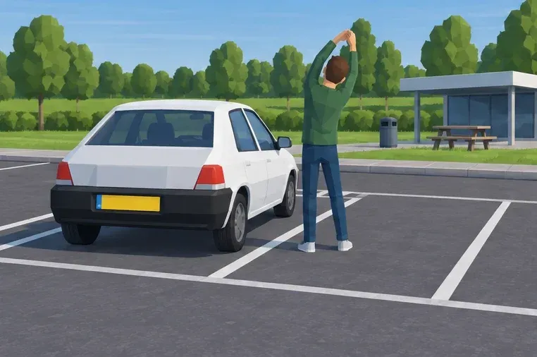 The driver stands next to the parked car at a service area. There you can take a real rest.