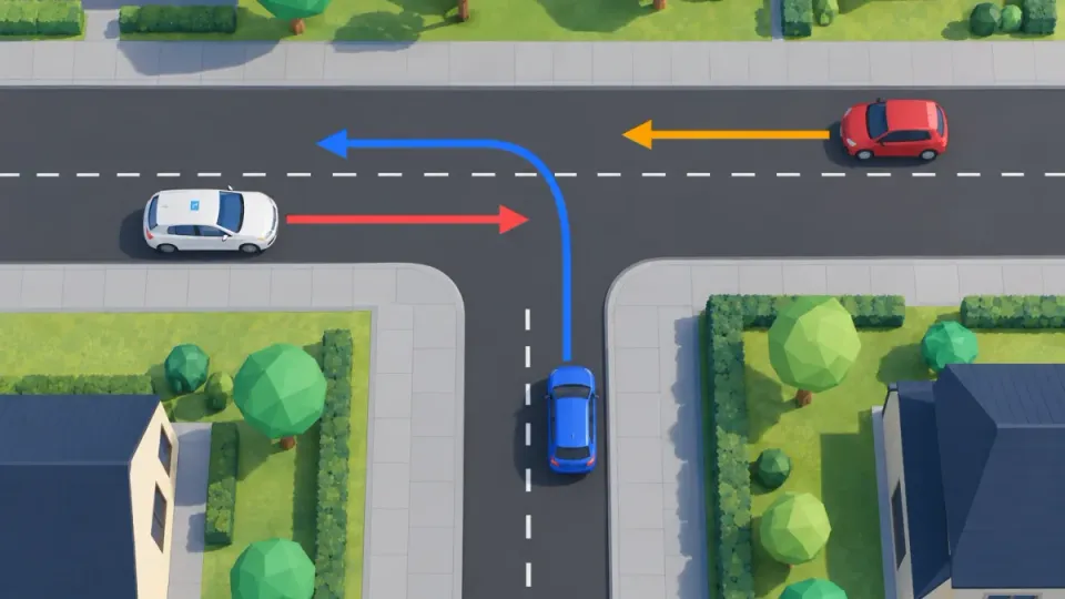 Equal T-junction with three cars. The red car (C) has nobody on its right and goes first. Then the blue car (B) from the side road. The learner car (A) goes last.
