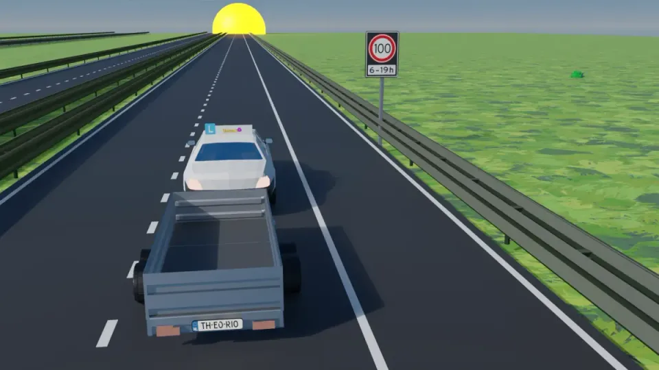 Car with a trailer on the motorway in the evening, passing a 100 sign with 6-19h