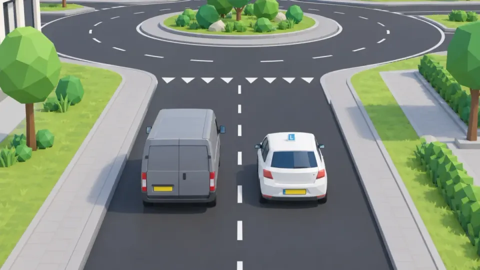 Learner car overtaking a van on the right just before a roundabout