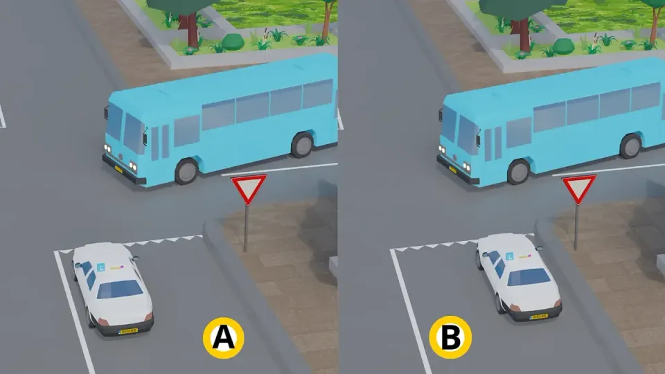 In B the car waits further back and more to the right. That gives the bus room to turn.