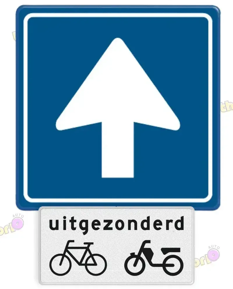 One-way sign C3 with a sub-sign uitgezonderd (except) bicycle and moped