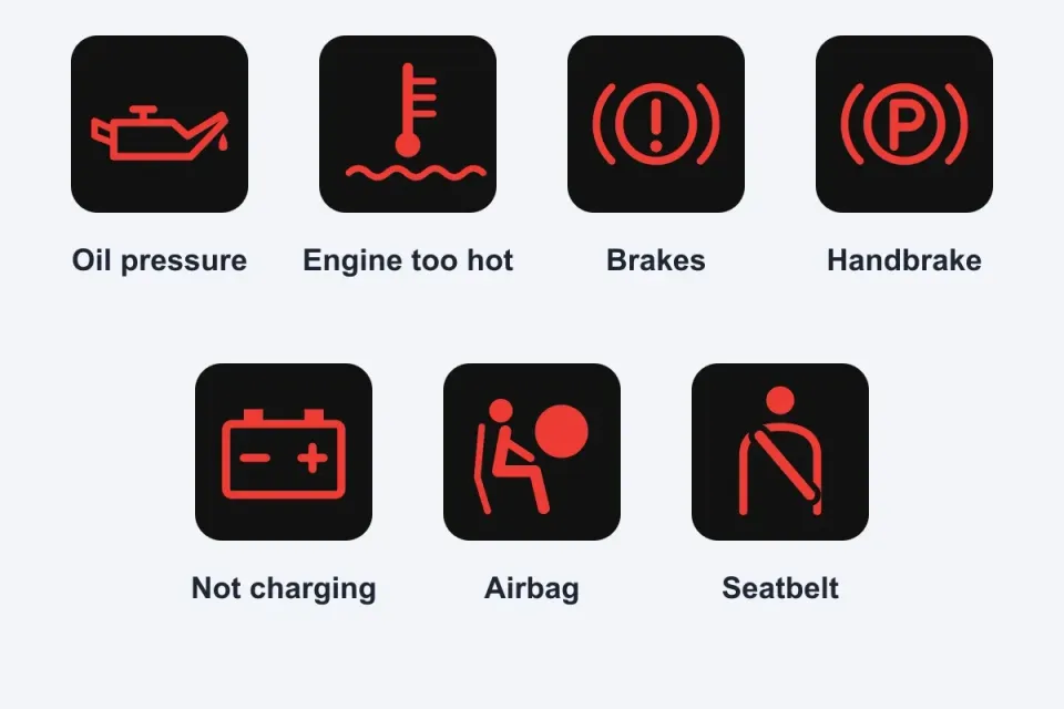 The red warning lights you see most often: oil pressure, engine too hot, brakes, handbrake, battery not charging, airbag and seat belt.