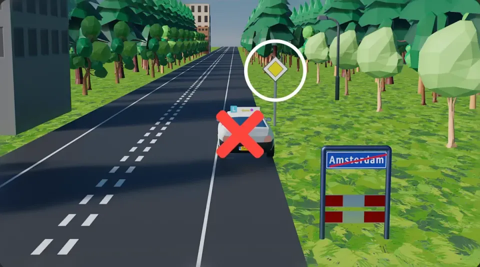 On the carriageway of a priority road outside built-up areas: no parking. A quick stop to let someone get in is allowed.