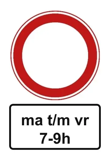 Sign C1 closed to vehicles with the sub-sign ma t/m vr 7-9h (Mon to Fri 7-9 h)