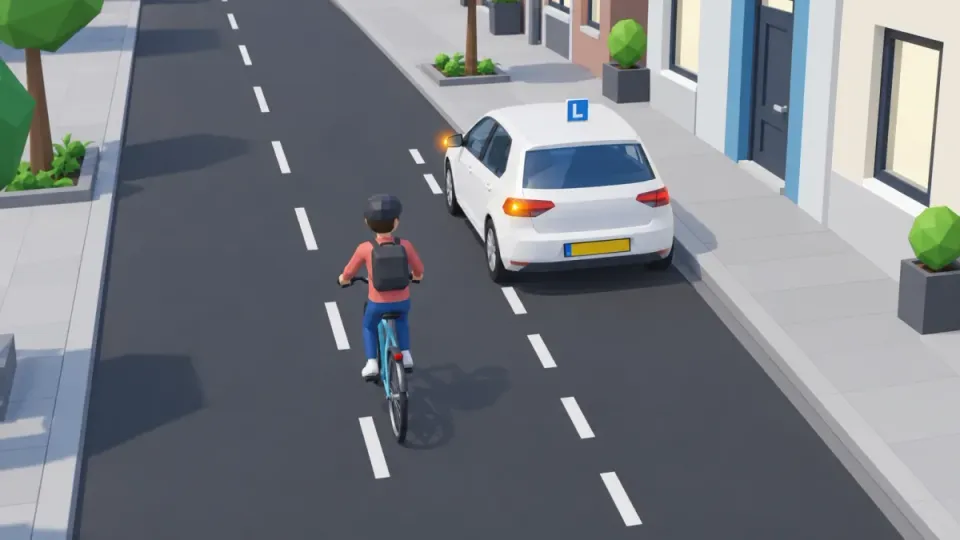 The learner car wants to pull away from a parking spot and waits for the cyclist.