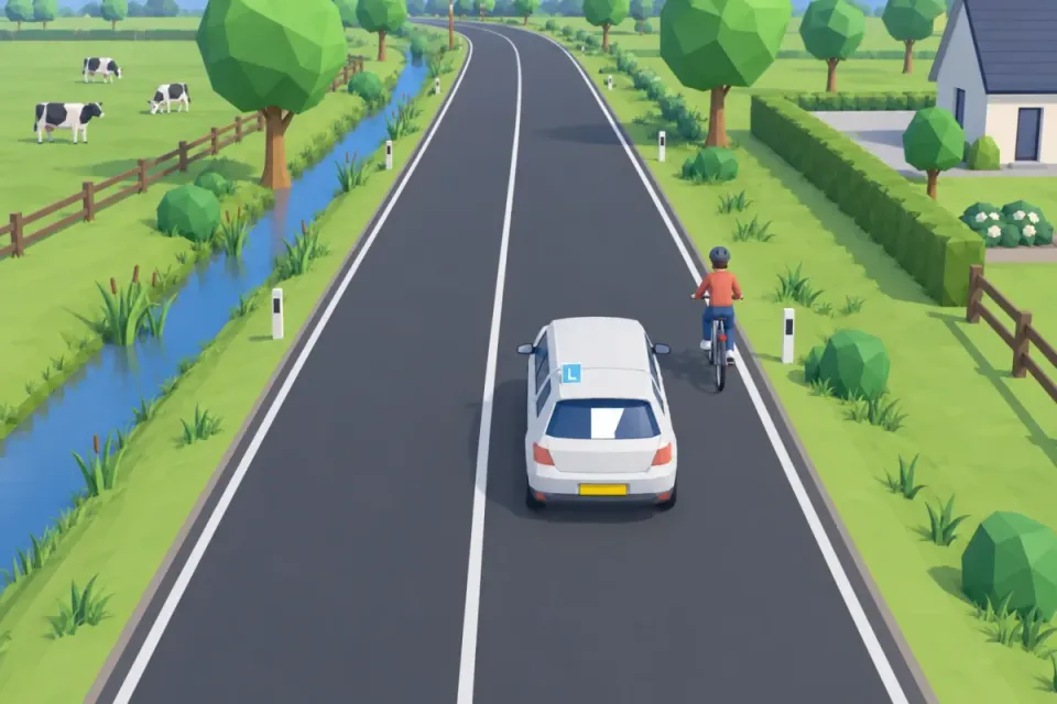 Learner car passes a cyclist riding at the far right with plenty of room, without touching the solid line