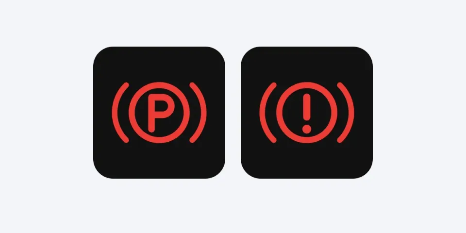 Left the handbrake light: a red P in a circle. Right the brake warning light: a red exclamation mark in a circle.