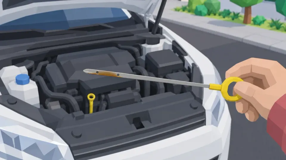 You pull the dipstick with the yellow handle out of the engine. The oil must be between the two marks: the minimum and the maximum.