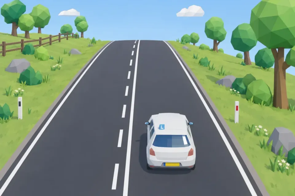 Learner car drives up a hill with a solid line on its side and a broken line on the other side