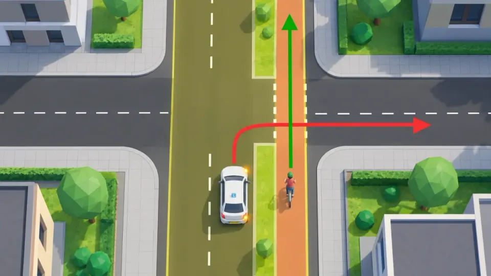 The same road (yellow): the carriageway, the verge and the cycle path are one road. The learner car turns right and the cyclist goes straight on. The cyclist goes first.