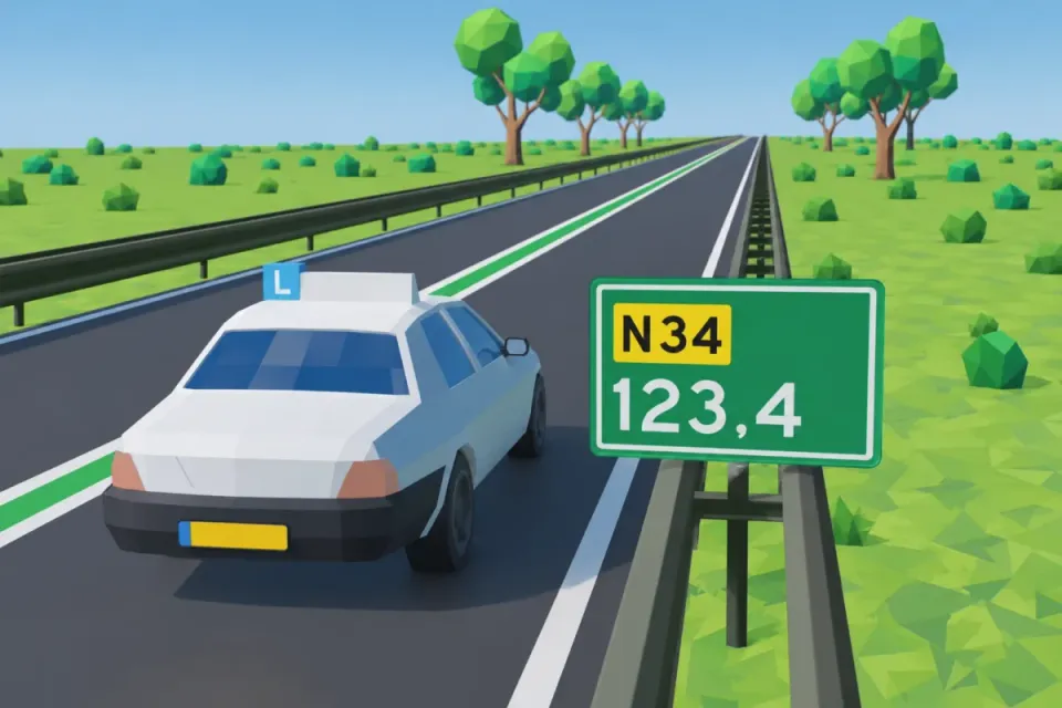 Een N-weg met een groene streep en een hectometerbord N34