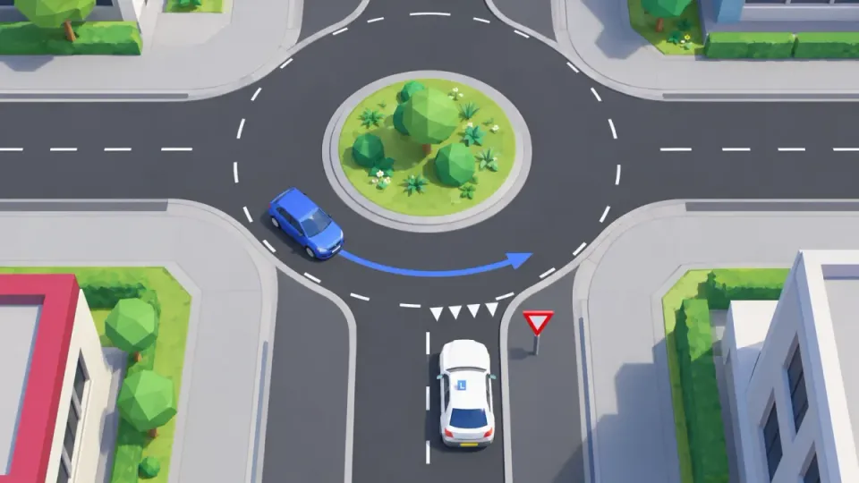 The learner car waits at the shark teeth before the roundabout. The blue car is already on the roundabout and goes first.