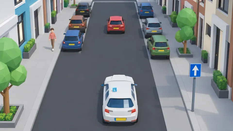 One-way street with sign C3: the learner car, the red car and all parked cars face or drive the same way. A pedestrian walks the other way on the pavement.