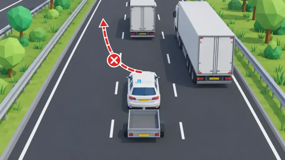 Motorway with three lanes: the learner car with a trailer drives in the middle lane behind a lorry, and another lorry drives in the right lane. A red arrow with a cross points to the empty left lane.